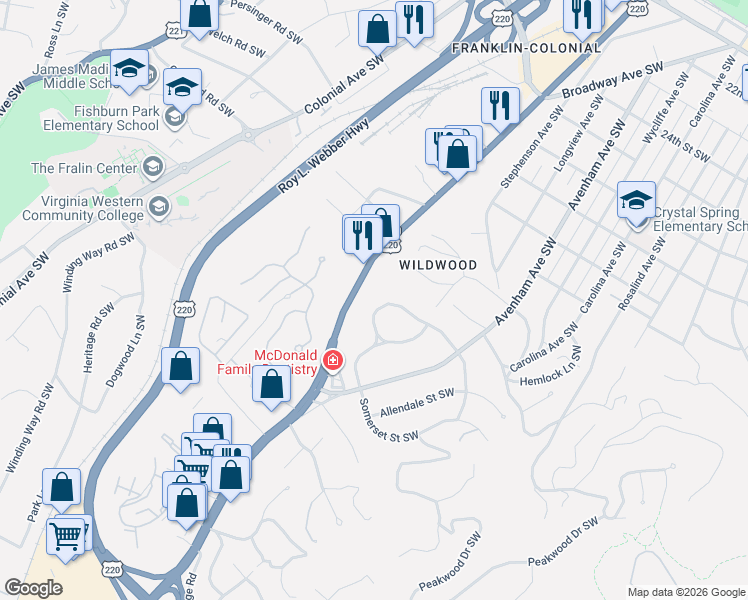 map of restaurants, bars, coffee shops, grocery stores, and more near 3207 White Oak Road Southwest in Roanoke