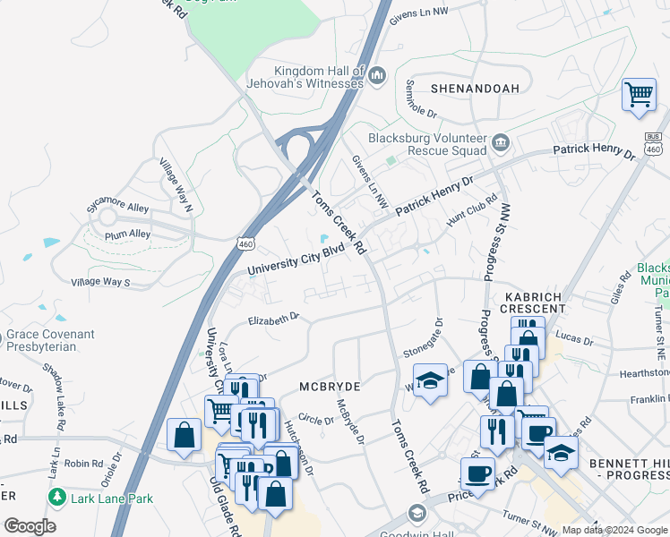 map of restaurants, bars, coffee shops, grocery stores, and more near 702 Appalachian Drive in Blacksburg