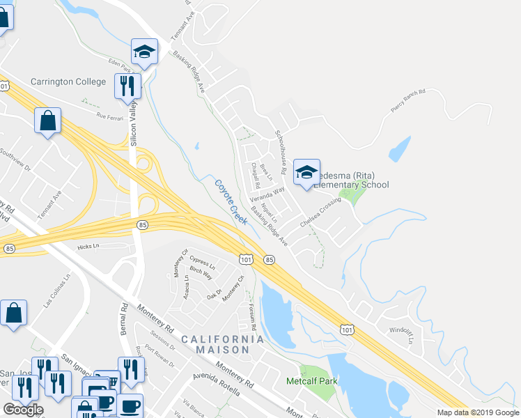 map of restaurants, bars, coffee shops, grocery stores, and more near 1038 Niguel Lane in San Jose