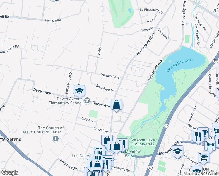 map of restaurants, bars, coffee shops, grocery stores, and more near 17551 Blanchard Drive in Monte Sereno