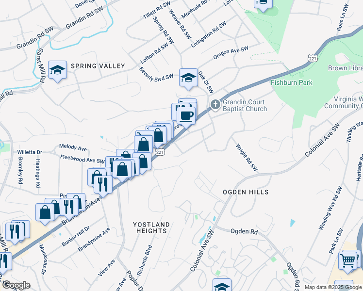map of restaurants, bars, coffee shops, grocery stores, and more near 3610 Buckner Road Southwest in Roanoke