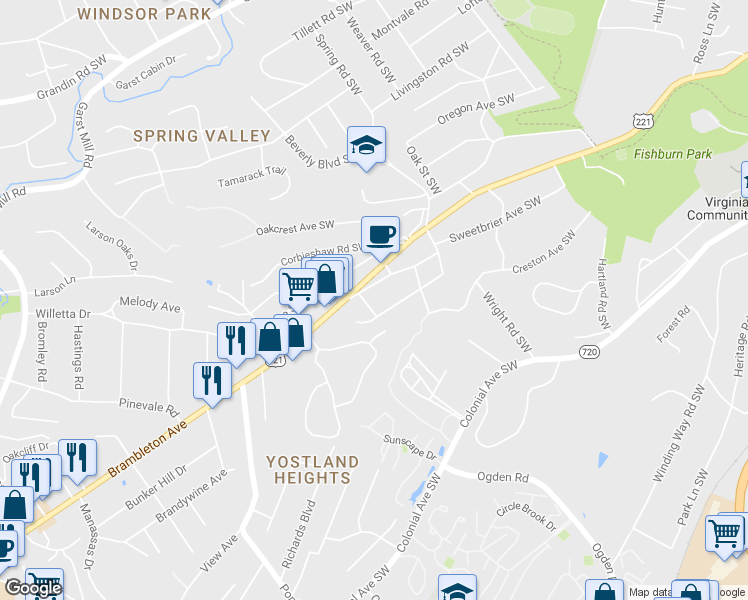map of restaurants, bars, coffee shops, grocery stores, and more near 3610 Buckner Road Southwest in Roanoke