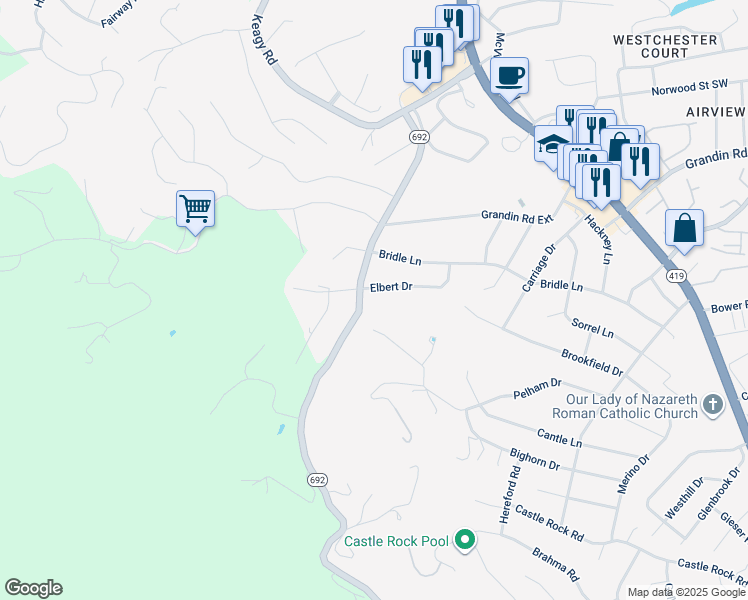 map of restaurants, bars, coffee shops, grocery stores, and more near 1811 Elbert Drive in Cave Spring