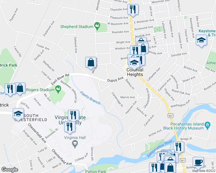map of restaurants, bars, coffee shops, grocery stores, and more near 410 Bradsher Avenue in Colonial Heights