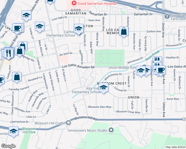 map of restaurants, bars, coffee shops, grocery stores, and more near 119 Escobar Avenue in Los Gatos