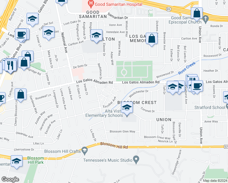 map of restaurants, bars, coffee shops, grocery stores, and more near 119 Escobar Avenue in Los Gatos