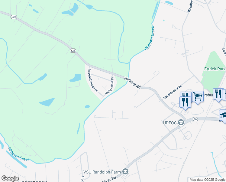 map of restaurants, bars, coffee shops, grocery stores, and more near 20613 Willowdale Drive in Chesterfield County