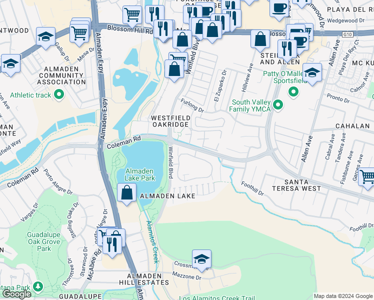 map of restaurants, bars, coffee shops, grocery stores, and more near 3008 La Terrace Circle in San Jose