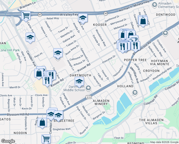 map of restaurants, bars, coffee shops, grocery stores, and more near 5513 Harvard Drive in San Jose