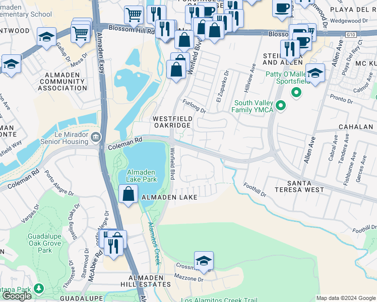 map of restaurants, bars, coffee shops, grocery stores, and more near 3008 La Terrace Circle in San Jose