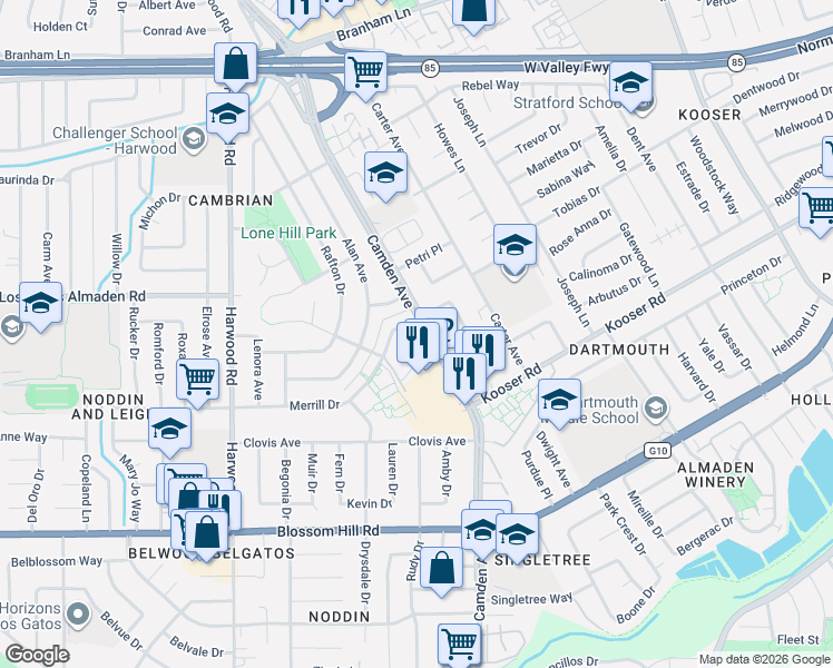 map of restaurants, bars, coffee shops, grocery stores, and more near 5251 Camden Avenue in San Jose