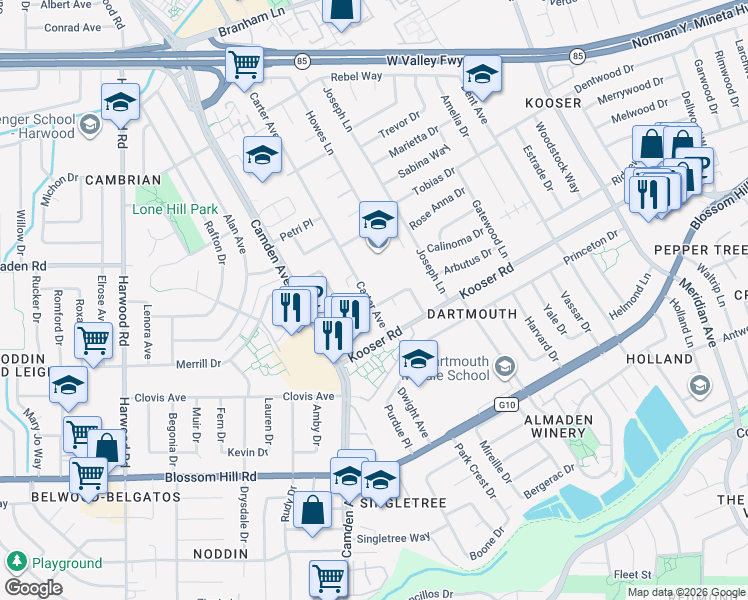 map of restaurants, bars, coffee shops, grocery stores, and more near 1585 Ferndale Drive in San Jose