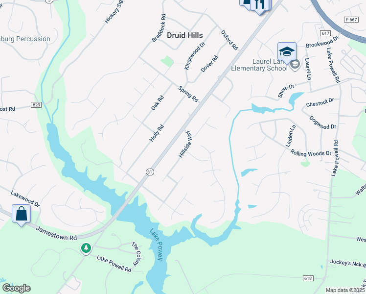 map of restaurants, bars, coffee shops, grocery stores, and more near 5216 Hillside Way in Williamsburg