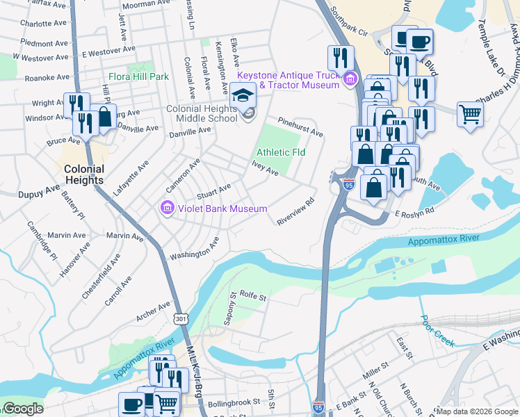 map of restaurants, bars, coffee shops, grocery stores, and more near 436 Roslyn Avenue in Colonial Heights