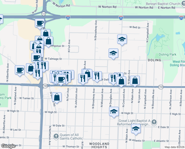 map of restaurants, bars, coffee shops, grocery stores, and more near 2438 North Franklin Avenue in Springfield