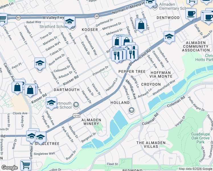 map of restaurants, bars, coffee shops, grocery stores, and more near 1434 Helmond Lane in San Jose