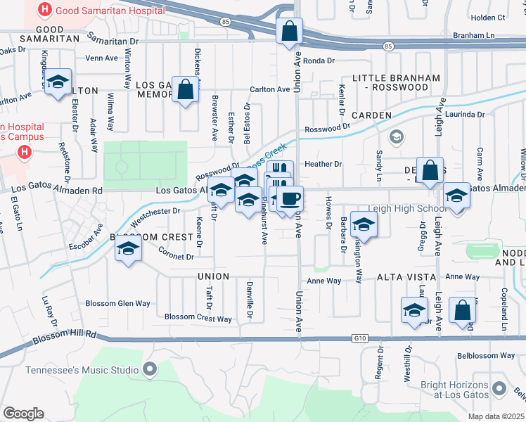 map of restaurants, bars, coffee shops, grocery stores, and more near 427 Pinehurst Avenue in Los Gatos