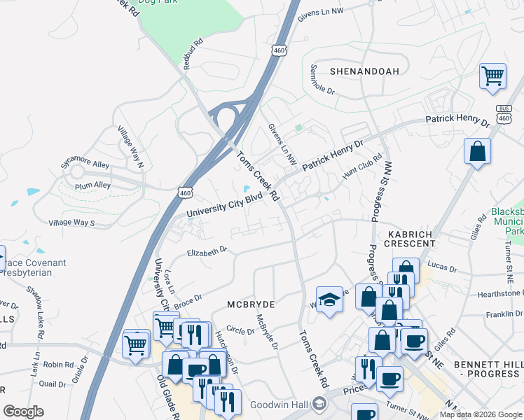 map of restaurants, bars, coffee shops, grocery stores, and more near 600 Appalachian Drive in Blacksburg
