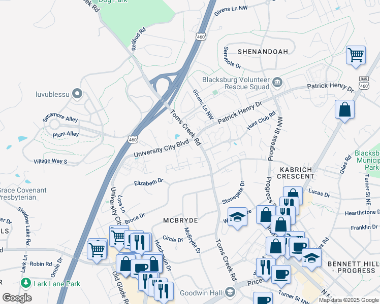 map of restaurants, bars, coffee shops, grocery stores, and more near 1406 University City Boulevard in Blacksburg