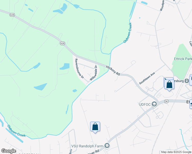 map of restaurants, bars, coffee shops, grocery stores, and more near 20613 Willowdale Drive in Chesterfield County