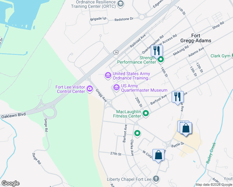 map of restaurants, bars, coffee shops, grocery stores, and more near 1201 22nd Street in Fort Gregg-Adams