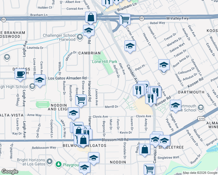 map of restaurants, bars, coffee shops, grocery stores, and more near 5271 Rafton Drive in San Jose