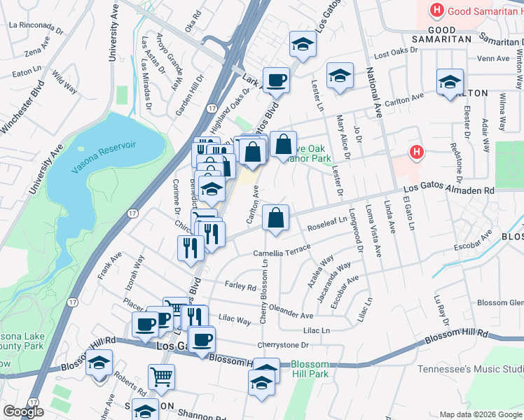 map of restaurants, bars, coffee shops, grocery stores, and more near 120 Carlton Avenue in Los Gatos