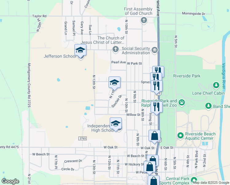 map of restaurants, bars, coffee shops, grocery stores, and more near 501 Spruce Street in Independence