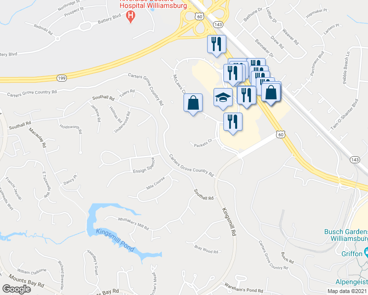 map of restaurants, bars, coffee shops, grocery stores, and more near 400 Packets Court in Williamsburg