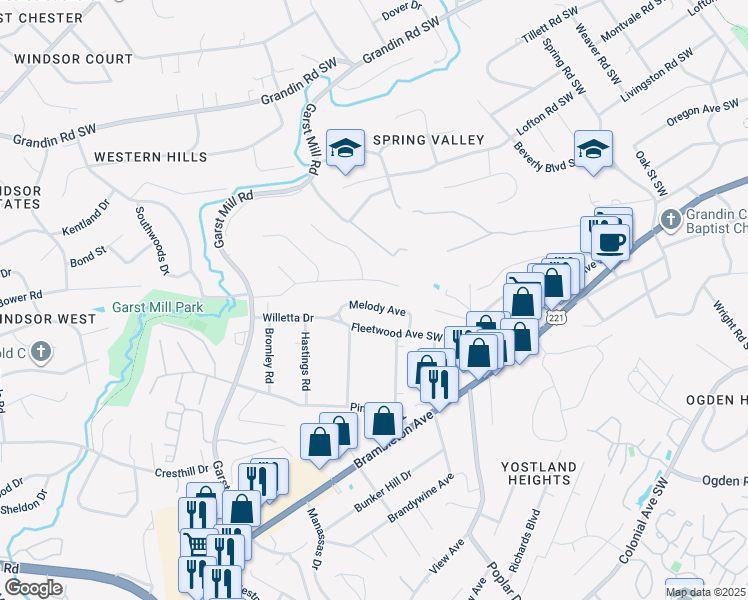 map of restaurants, bars, coffee shops, grocery stores, and more near 3358 Melody Avenue in Cave Spring