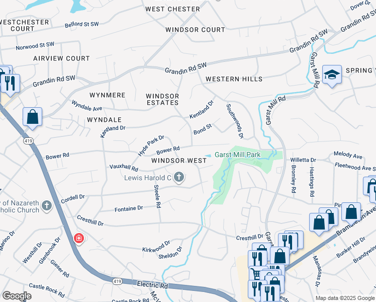 map of restaurants, bars, coffee shops, grocery stores, and more near 3708 Bower Road in Cave Spring