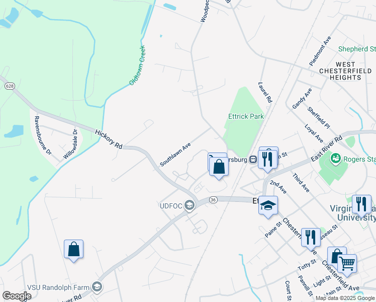 map of restaurants, bars, coffee shops, grocery stores, and more near 20531 Southlawn Avenue in Ettrick