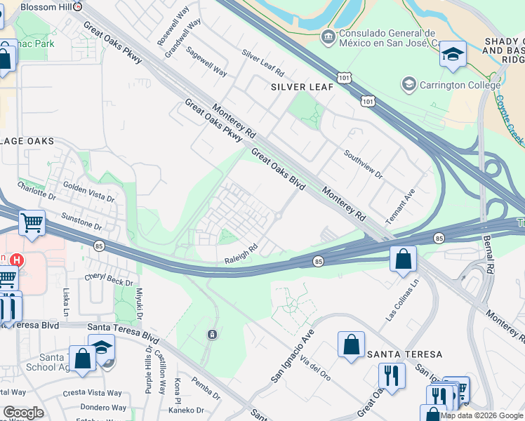 map of restaurants, bars, coffee shops, grocery stores, and more near 5886 Impact Lane in San Jose