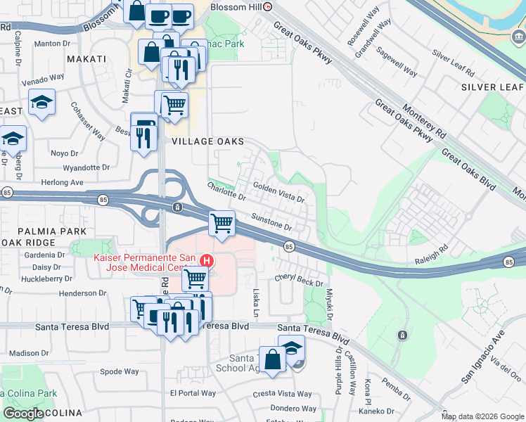 map of restaurants, bars, coffee shops, grocery stores, and more near 5959 Charlotte Drive in San Jose