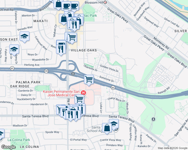 map of restaurants, bars, coffee shops, grocery stores, and more near West Valley Freeway in San Jose