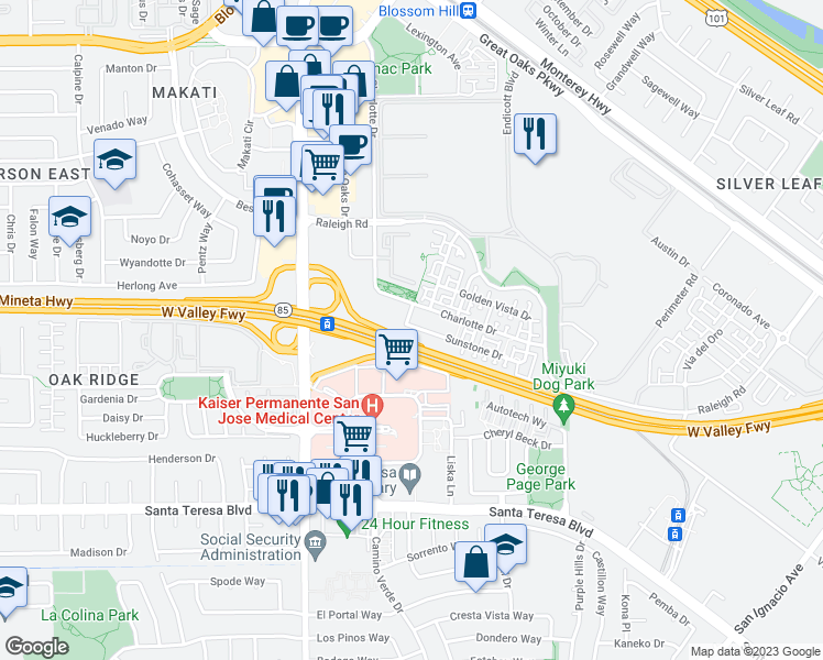map of restaurants, bars, coffee shops, grocery stores, and more near West Valley Freeway in San Jose