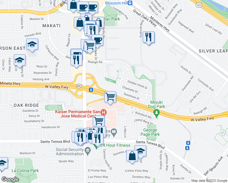 map of restaurants, bars, coffee shops, grocery stores, and more near West Valley Freeway in San Jose