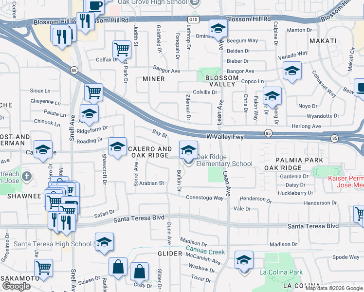 map of restaurants, bars, coffee shops, grocery stores, and more near 5894 Bufkin Court in San Jose