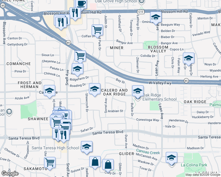 map of restaurants, bars, coffee shops, grocery stores, and more near 5901 Clydesdale Avenue in San Jose