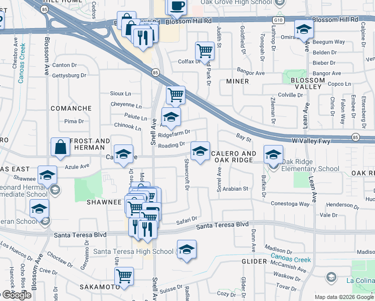 map of restaurants, bars, coffee shops, grocery stores, and more near 460 Calero Avenue in San Jose
