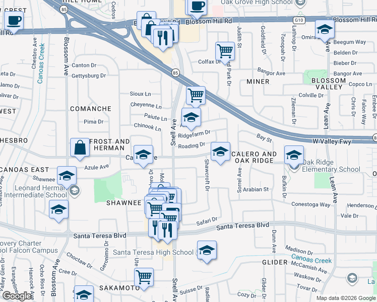 map of restaurants, bars, coffee shops, grocery stores, and more near in San Jose