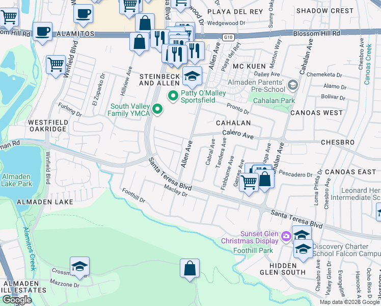 map of restaurants, bars, coffee shops, grocery stores, and more near 5942 Allen Avenue in San Jose