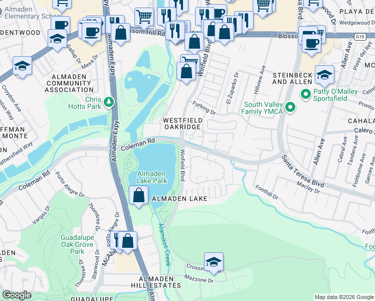 map of restaurants, bars, coffee shops, grocery stores, and more near 18 Winfield Boulevard in San Jose