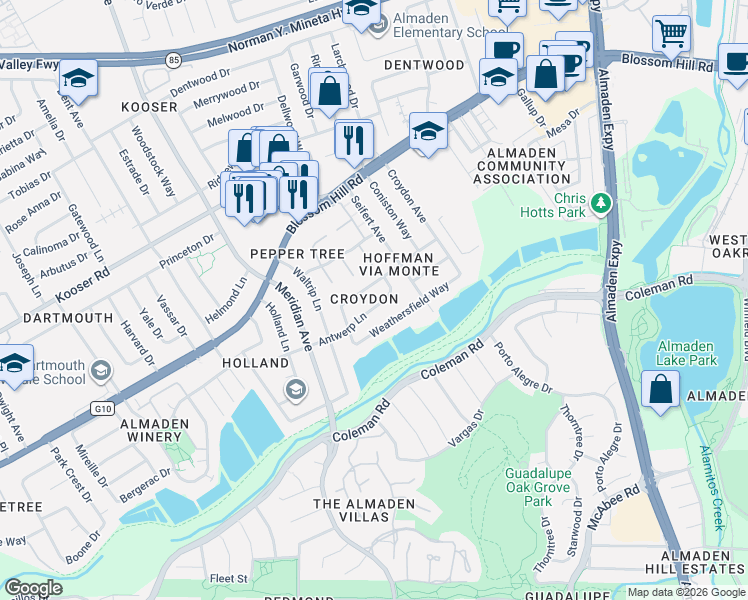 map of restaurants, bars, coffee shops, grocery stores, and more near in San Jose