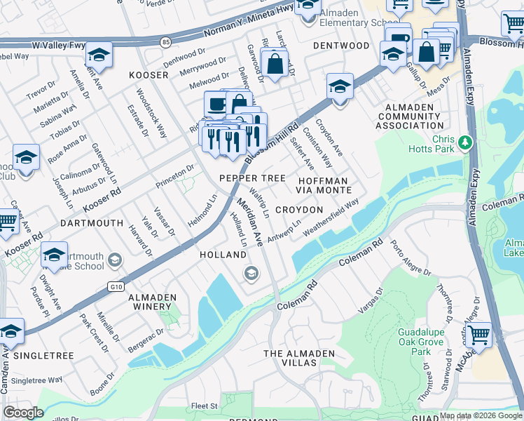 map of restaurants, bars, coffee shops, grocery stores, and more near 5678 Waltrip Lane in San Jose