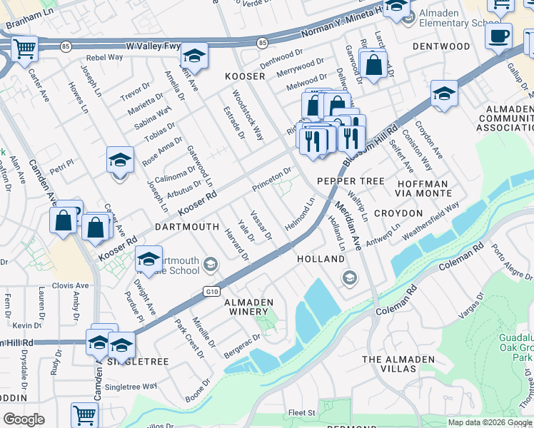 map of restaurants, bars, coffee shops, grocery stores, and more near 5573 Dent Avenue in San Jose