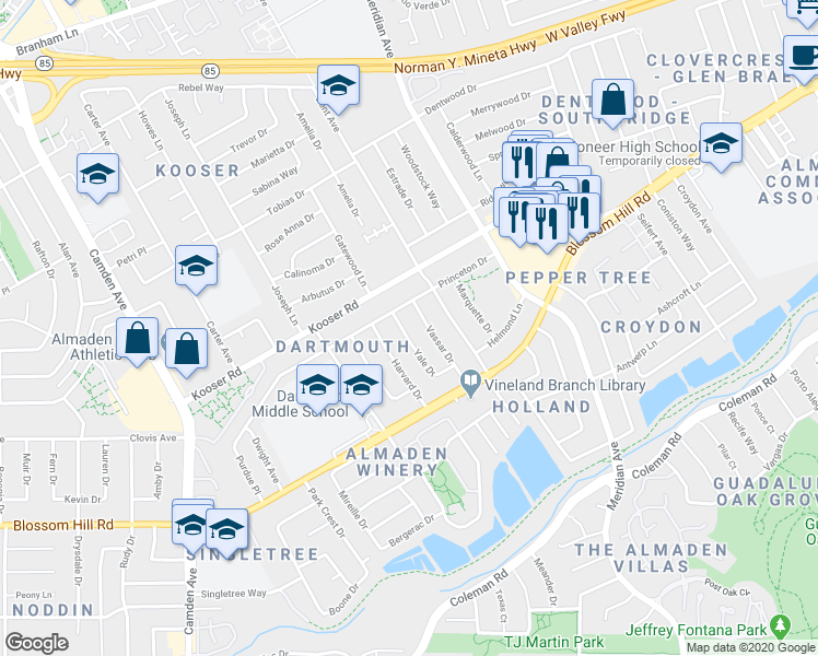 map of restaurants, bars, coffee shops, grocery stores, and more near 5548 Yale Drive in San Jose
