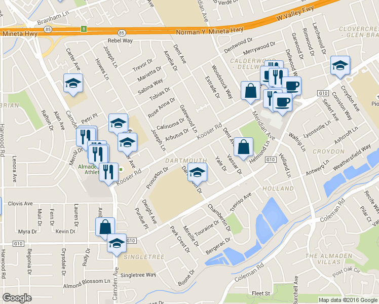 map of restaurants, bars, coffee shops, grocery stores, and more near in San Jose