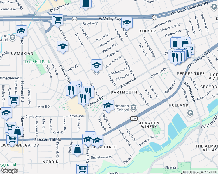 map of restaurants, bars, coffee shops, grocery stores, and more near 1561 Kooser Road in San Jose
