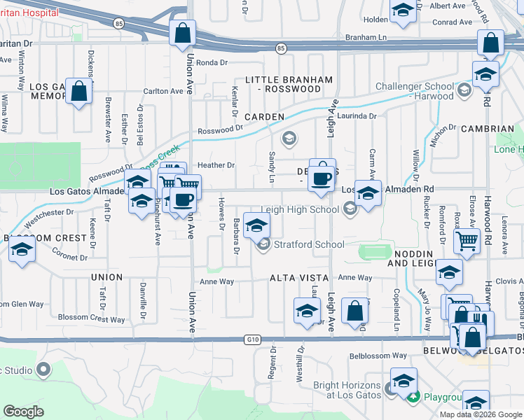 map of restaurants, bars, coffee shops, grocery stores, and more near 5280 Kensington Way in San Jose